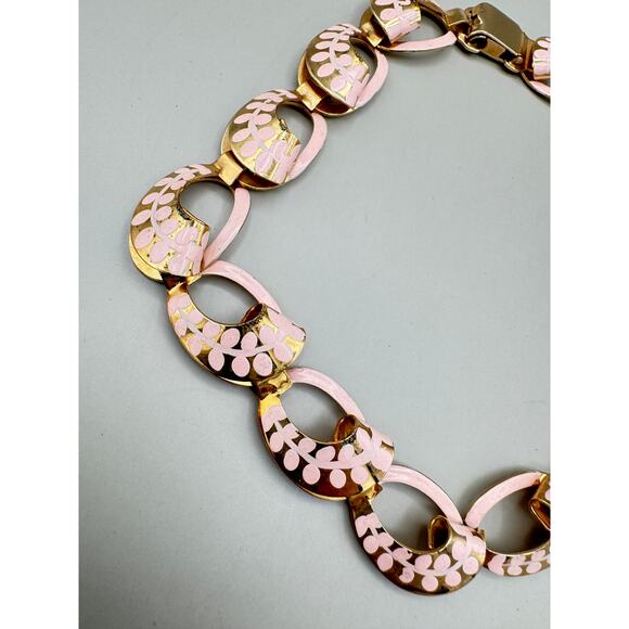 Vintage Pink Painted Floral Design and Gold Tone Link Choker Necklace - Picture 4 of 8
